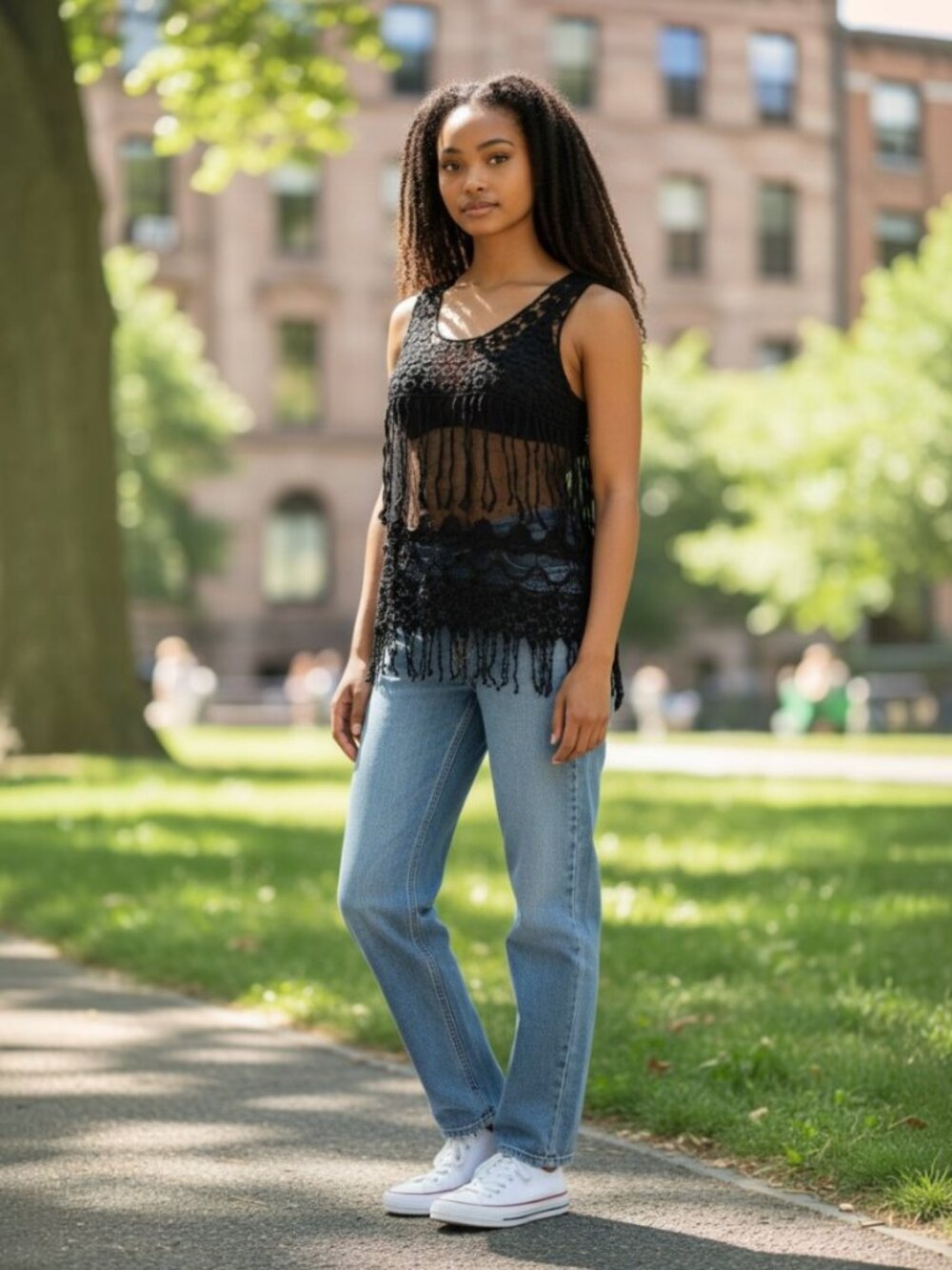 En Creme Black Crochet Fringe Camisole Tank Top Size M